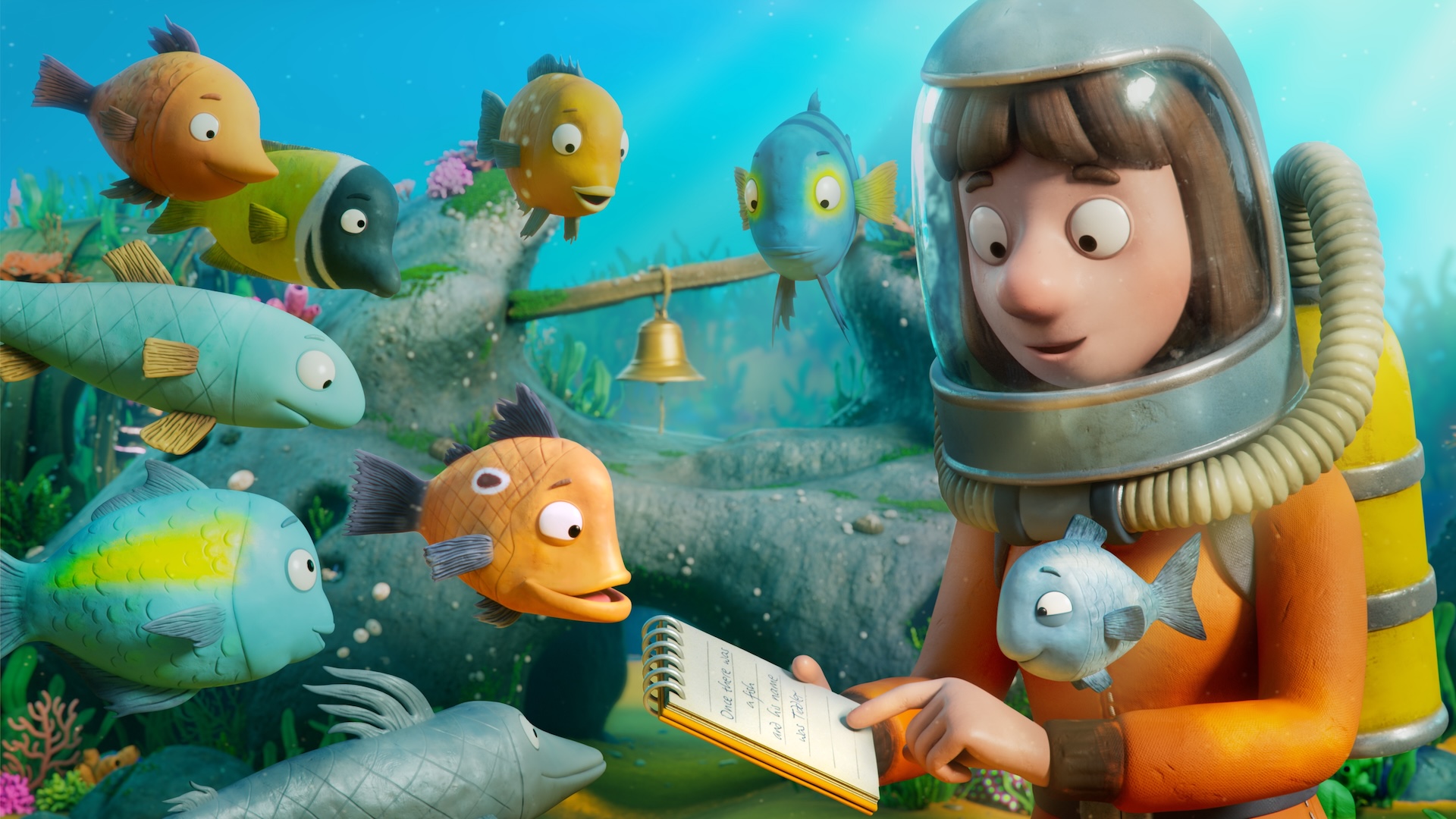An animated still from the film “Tiddler” of a diver showing a notepad to a group of fish underwater.