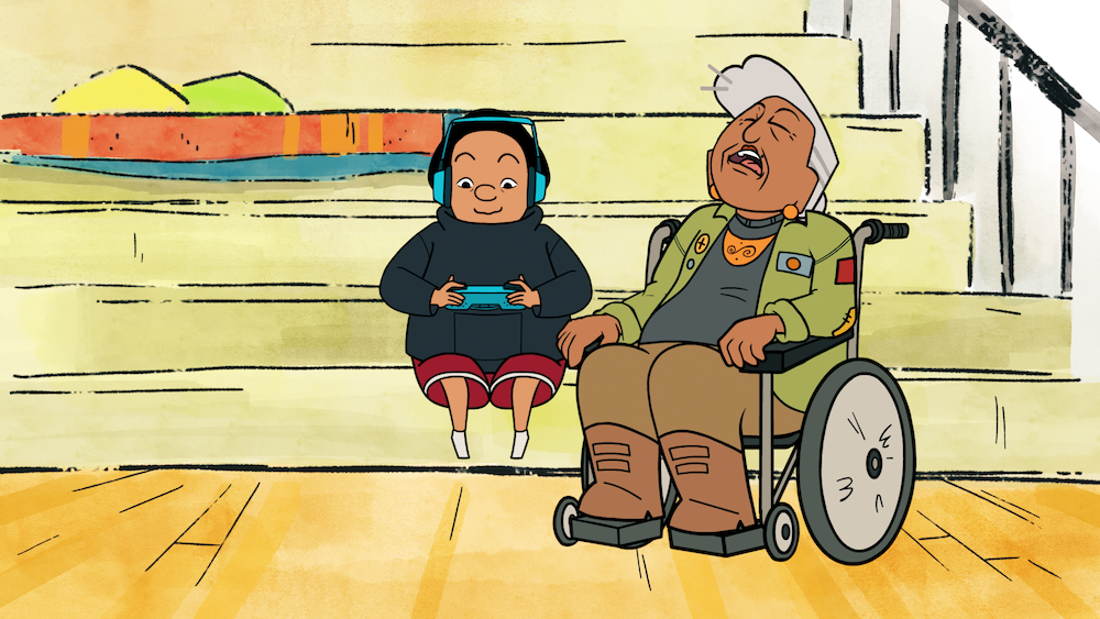 An animated still from the film “Pow” of a kid playing video games on his console while an older woman in a wheelchair is asleep next to him.