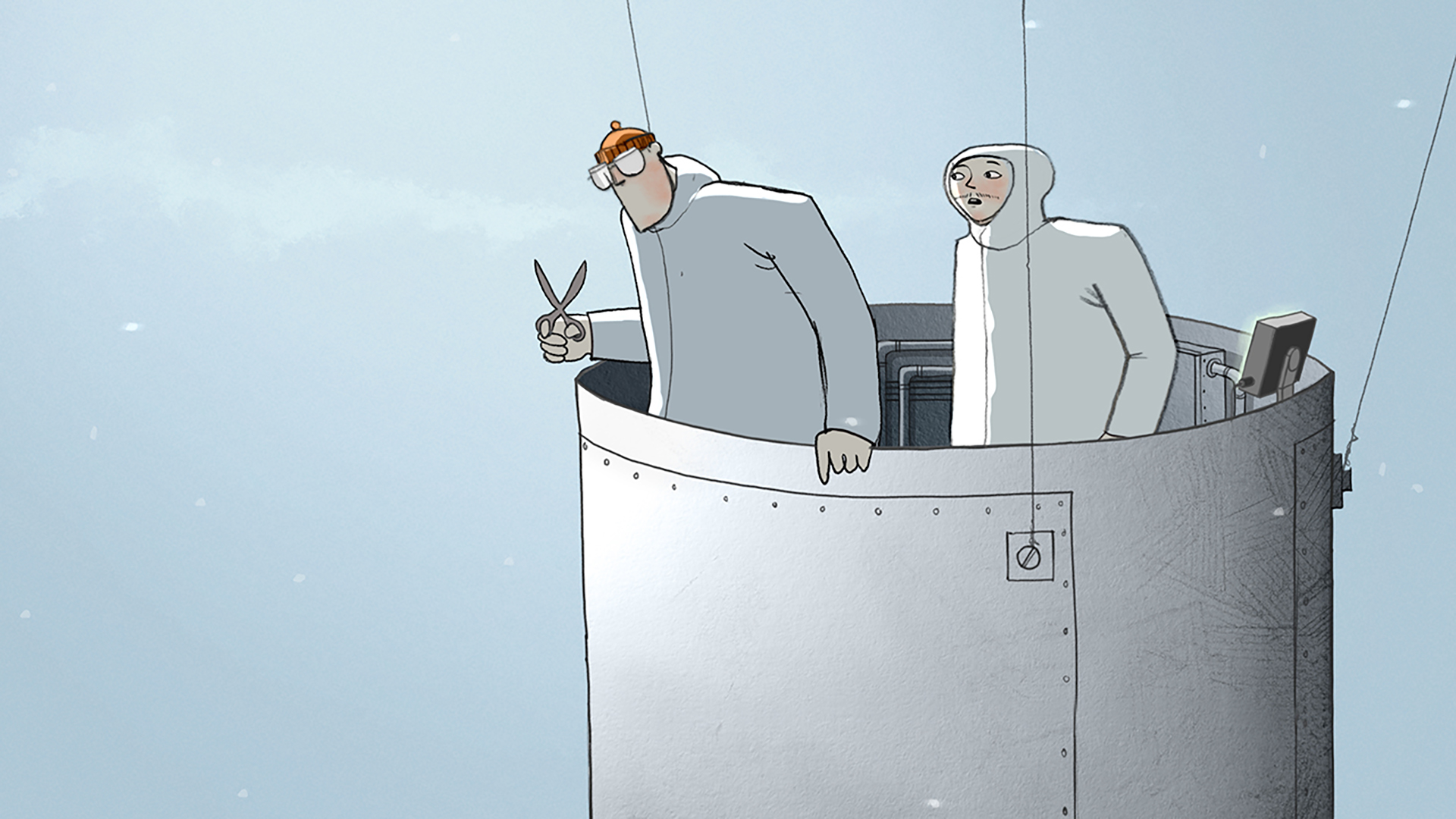 An animated still from the film “Dead Weight” of two men wearing hoodies in a metallic structure. The man on the right is holding a pair of scissors.