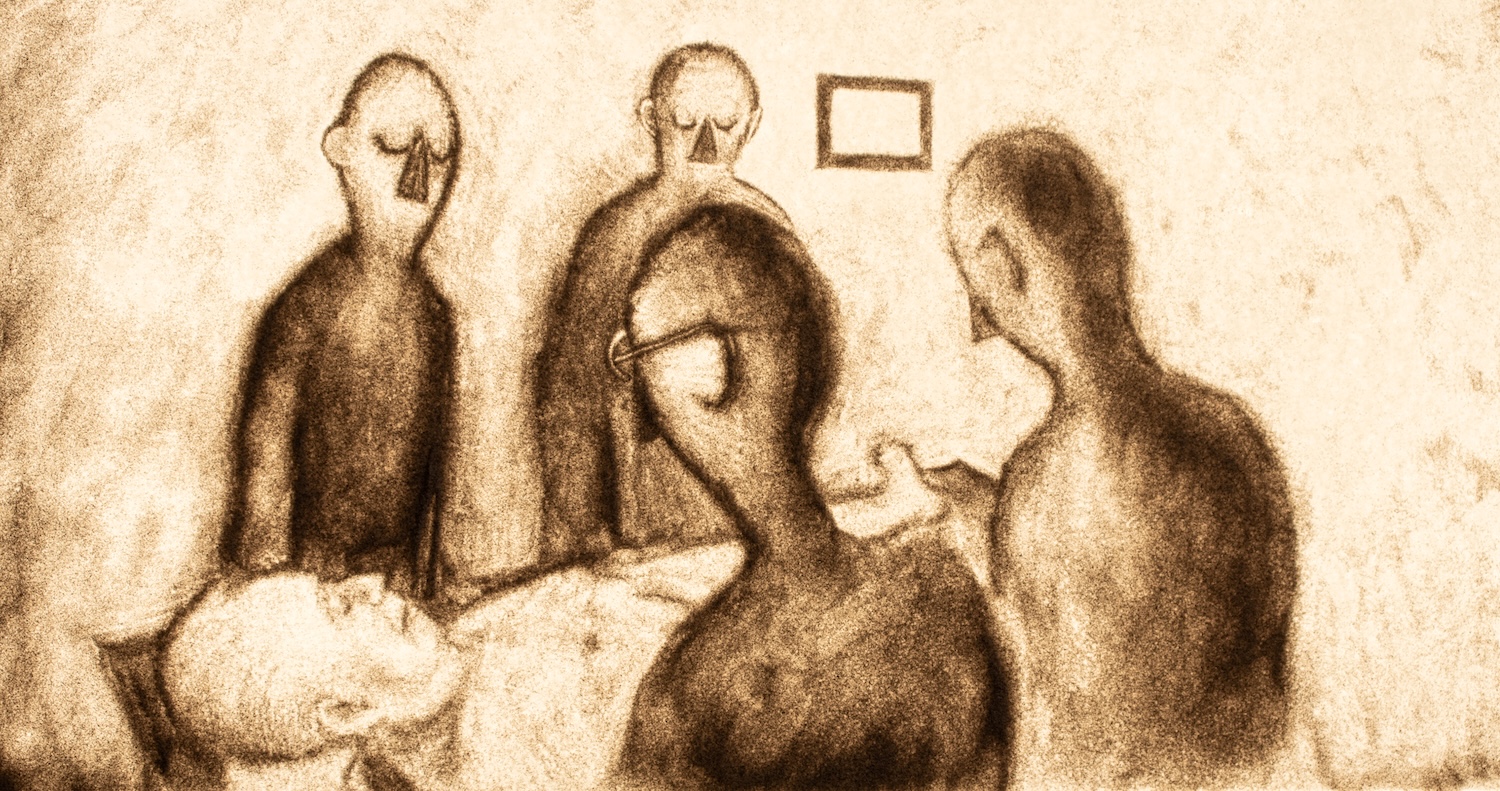 A drawn animation still from the documentary “The Sacred Society” of a group of people observing a dead body.