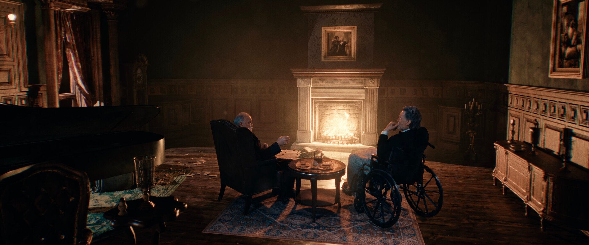A wide shot from the film “We Meet Again” of two men, one of them in a wheelchair, sitting in front of a fireplace. To the side of them there is a grand piano.