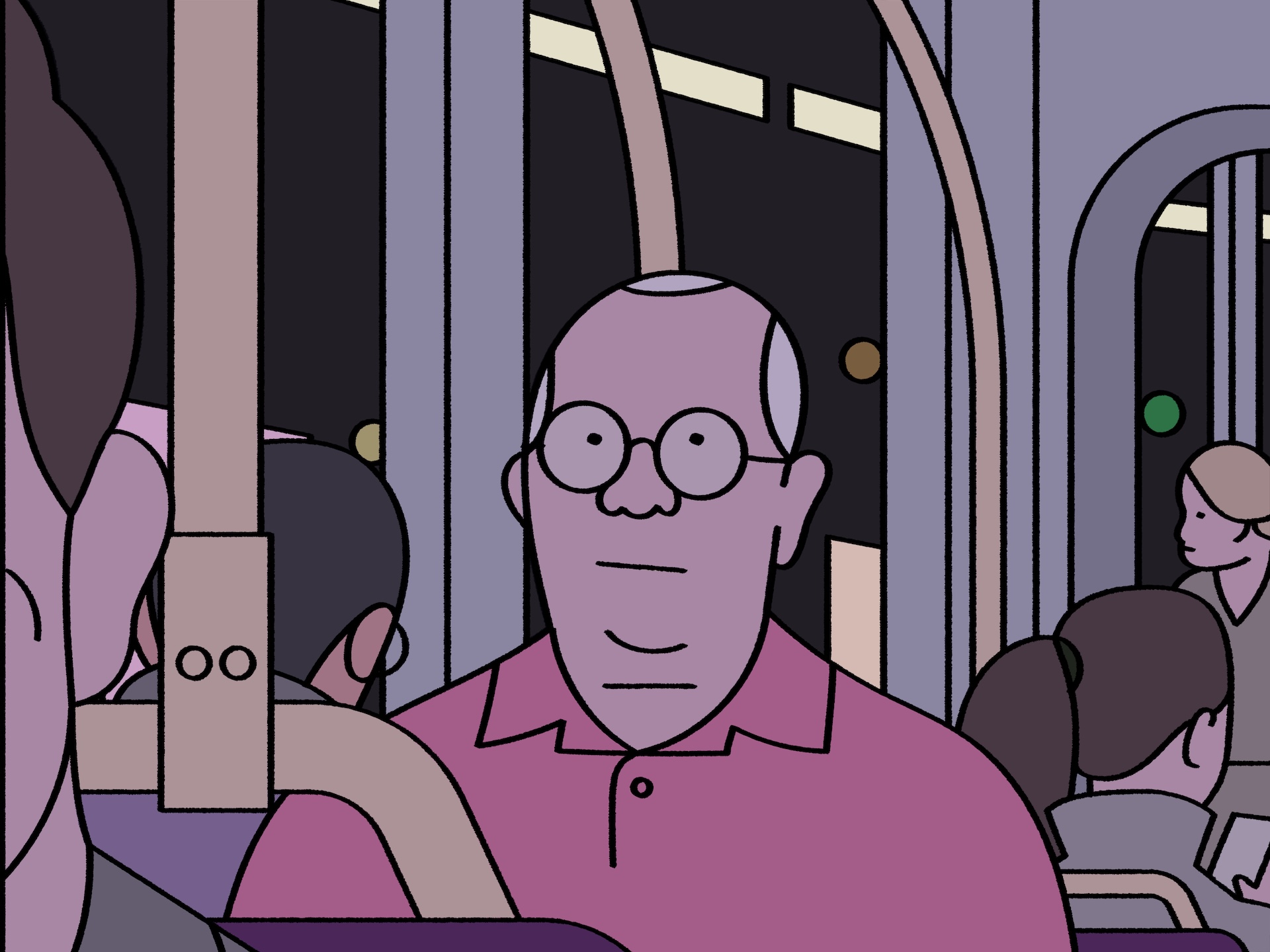 An animated still from the film “Retirement Plan” of an old man sitting on a public transportation seat.