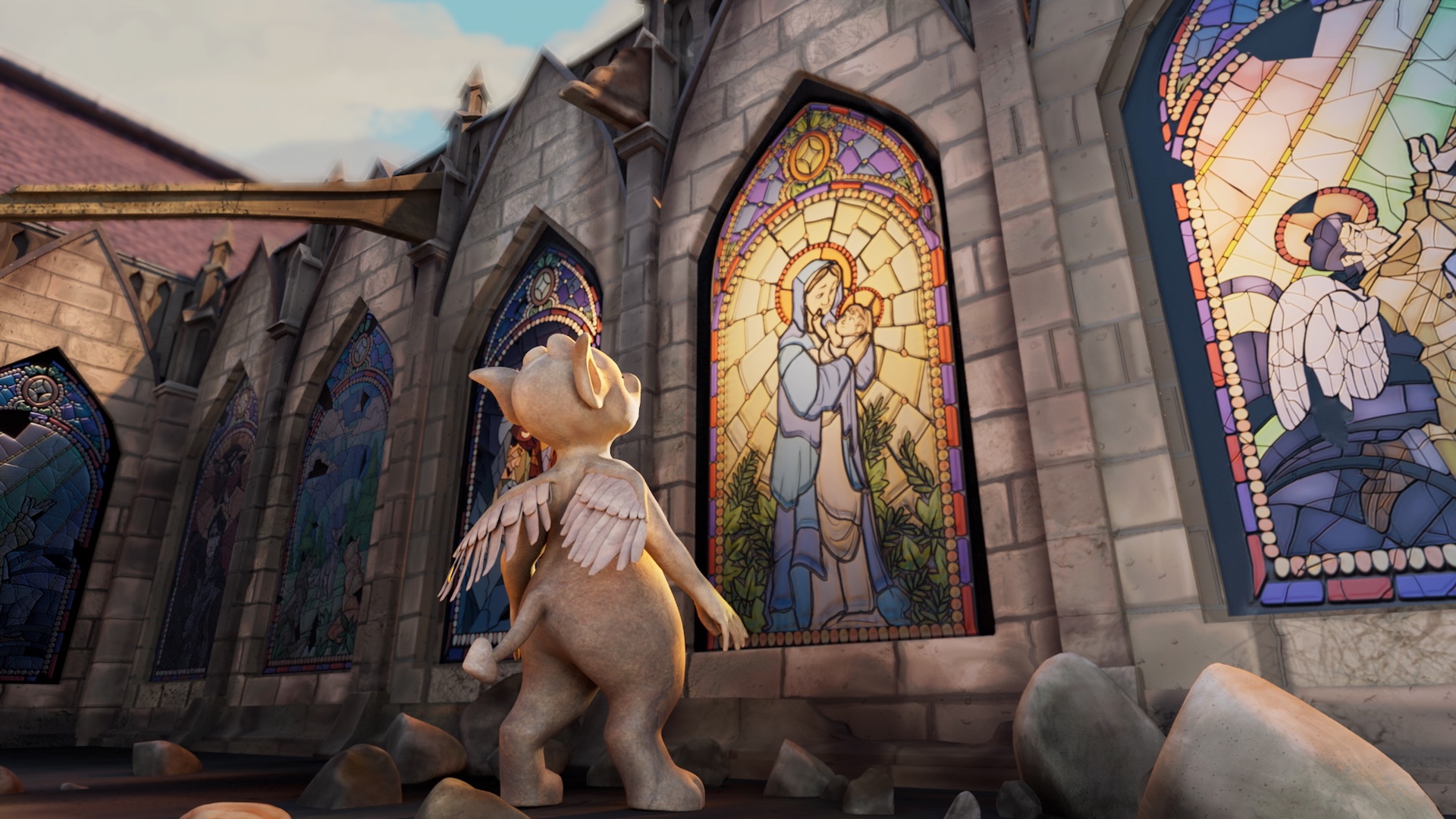 An animated still from the film “The Lonely Gargoyle” of a winged gargoyle looking at a painted mosaic of the Virgin Mary carrying baby Jesus.