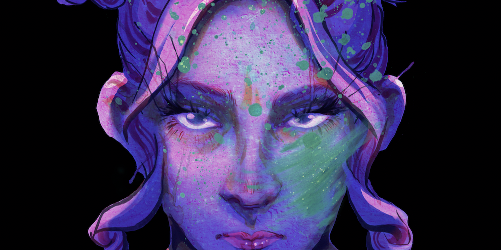 An animated still from the film “Monster Slayer” of a woman with bright pink bangs looking straight forward with determination.