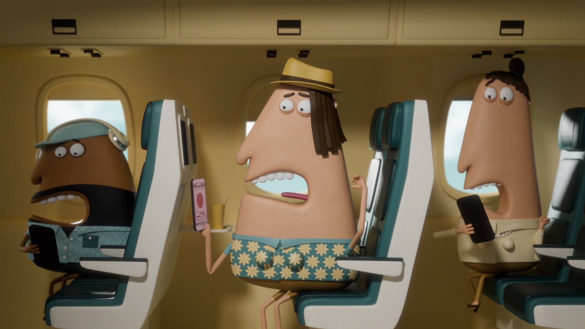 An animated still from the film “QUOTA” of three airplane passengers looking down at their phones in fear.