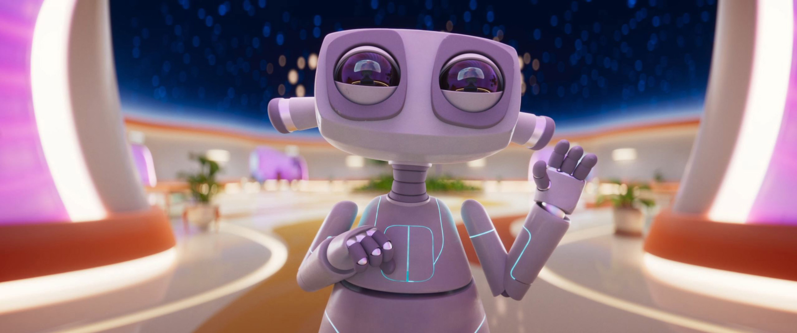 An animated still from the film “Alone” of a cute purple robot waving. Behind him is a futuristic hub with a night sky above.