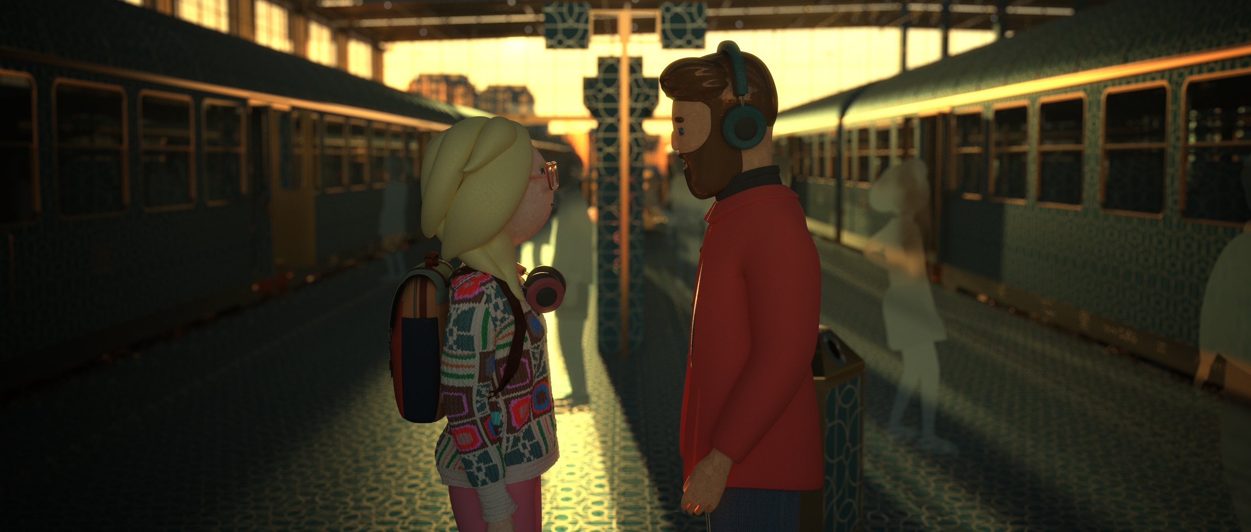 An animated still from the film “Patterns” of a man and a woman staring at each other’s eyes standing in between two trains at the station.