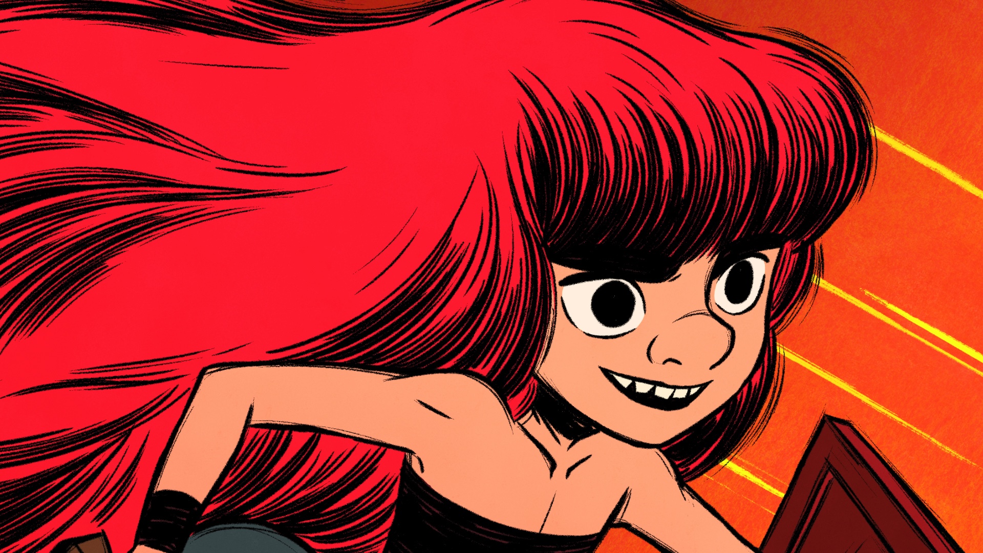 An animated still from the film “Eiru” of a red-haired girl running determinedly.