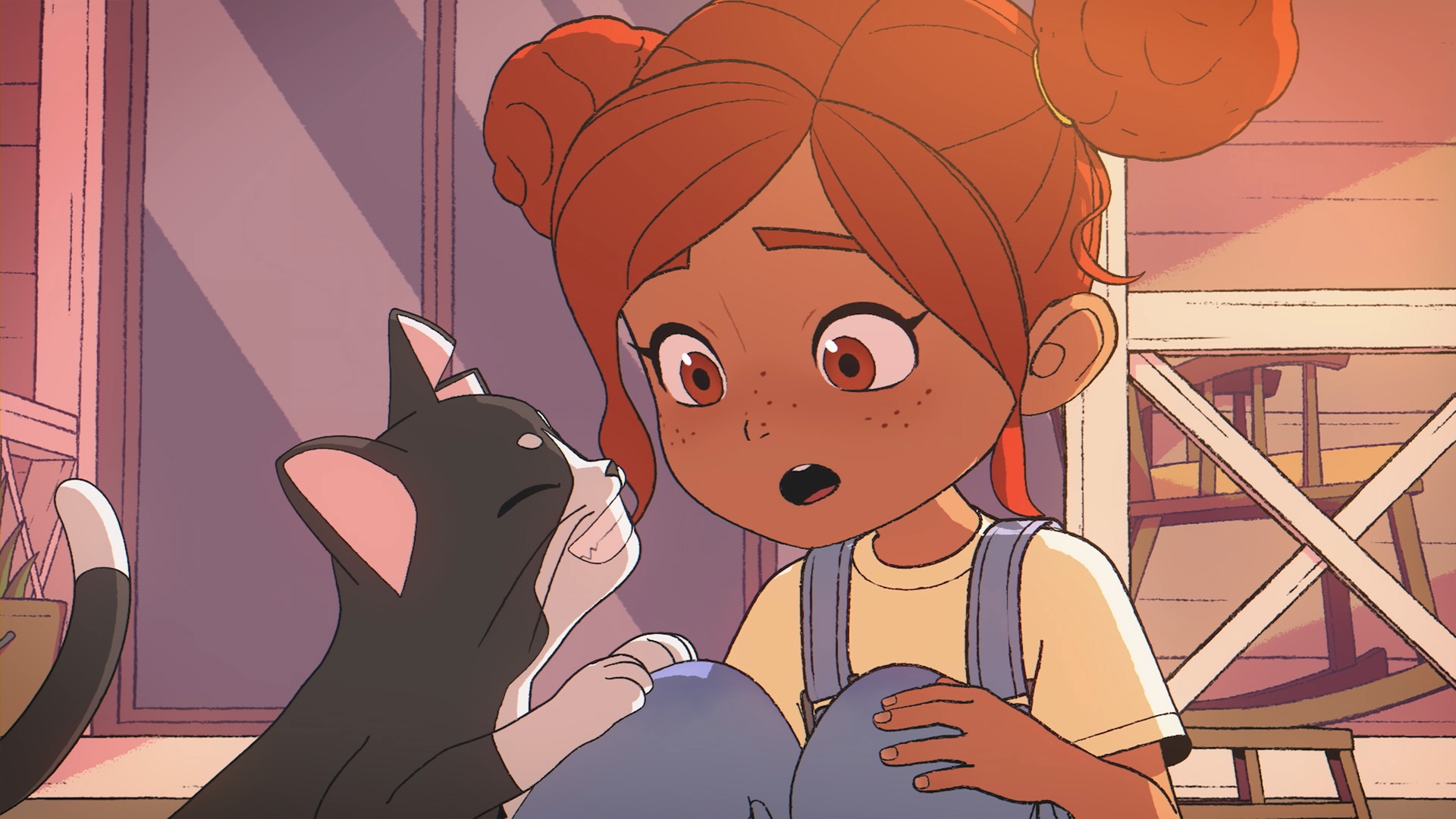 An animated still from the film “Bridge” of a black and white cat grinning at a ginger girl wearing suspenders.