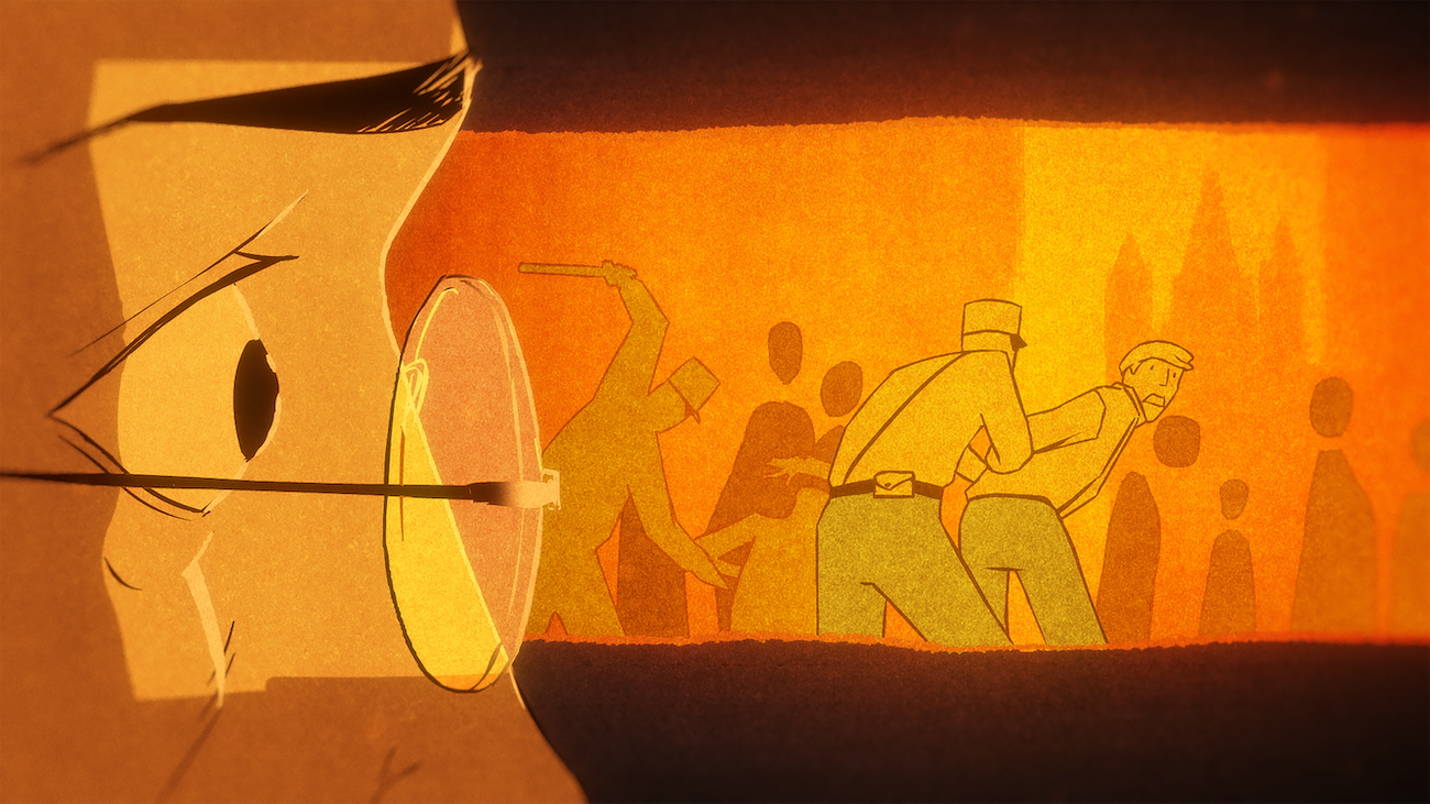 An extreme close-up shot shows an animation still of a man’s eye and glasses in the foreground, looking toward a chaotic scene of people and an officer depicted in warm orange tones.