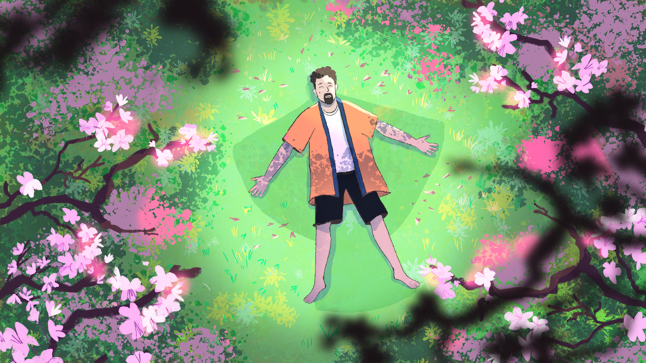 An animated still of a man with a goatee lying on his back in a bright green meadow, surrounded by pink cherry blossoms.