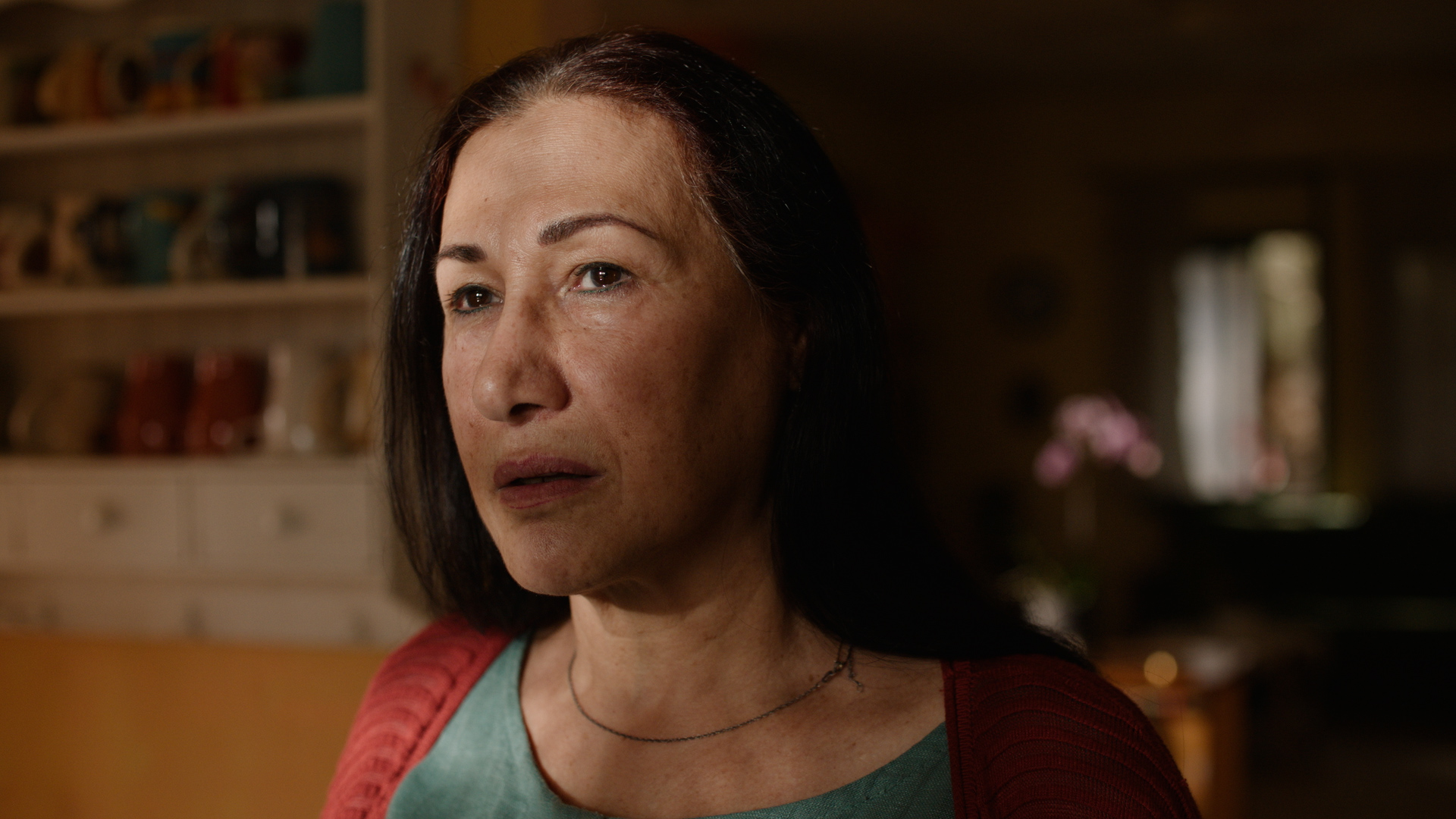 A close up of a woman with long dark hair looks to the left of the camera.