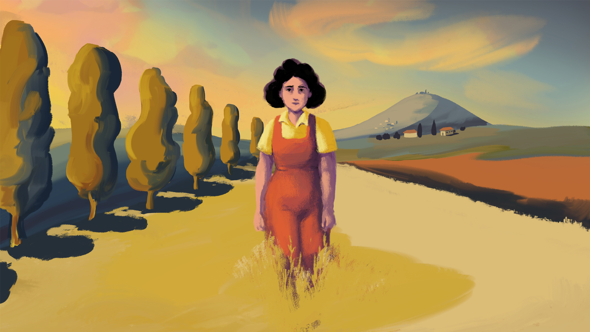 An animation still of a woman in an orange jumper and yellow shirt walking through a golden field, flanked by a row of tall trees and a distant mountain at sunset.